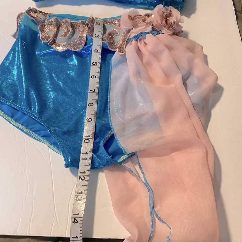 Glamour solo dance costume 2 piece blue pink sequin lace XLC-Extra large child